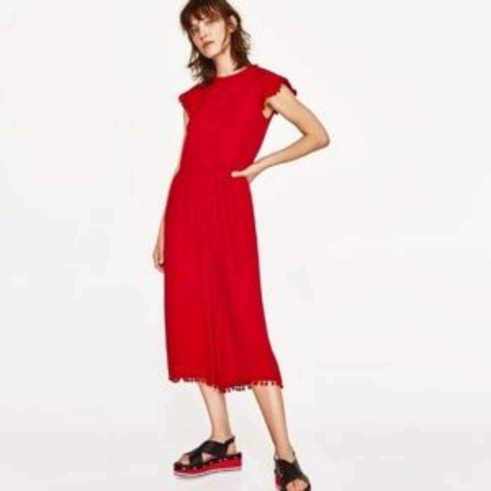 Zara Woman Red Jumpsuit with Pom Poms